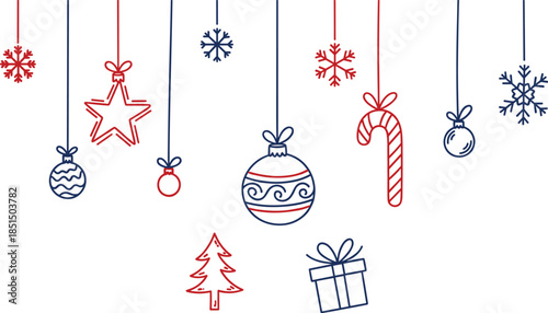 Minimal Christmas hanging ornaments set with baubles stars candy cane snowflakes, red blue line icons isolated white background vector illustration