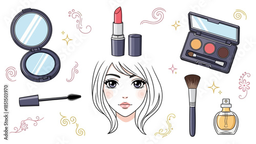 Vibrant makeup collection with woman and beauty products