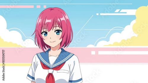 Cute anime girl with pink hair smiling in pastel background