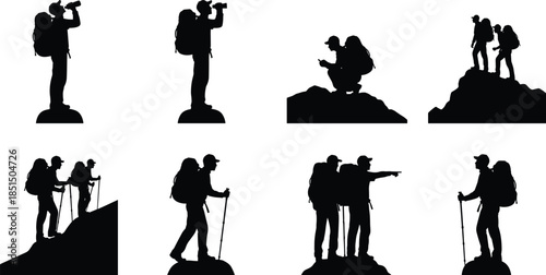 Adventure hiking silhouettes set, backpacker photographers and trekkers exploring mountain peaks isolated on white background, outdoor travel vector illustration collection
