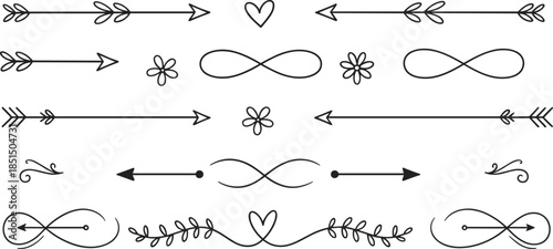 Hand drawn arrow divider doodles cad flat vector illustration hearts infinity symbols decorative line art separators set