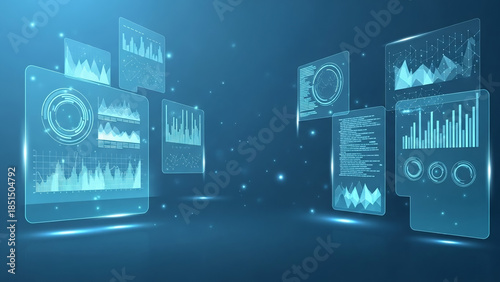 Futuristic digital dashboard with glowing blue graphs and charts