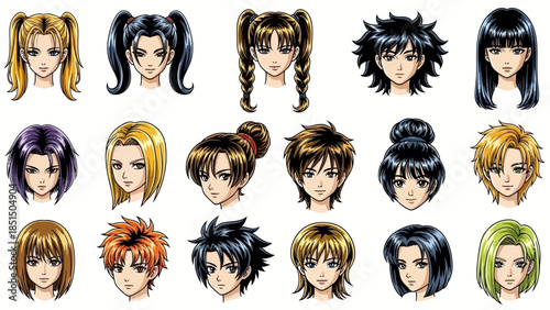 Diverse anime style female characters with various hairstyles
