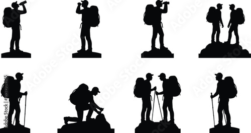 Adventure hiker silhouettes set, backpacker explorers photographing mountains and teamwork trekking poses isolated on white background, outdoor travel vector illustration
