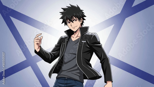 Confident anime character in black leather jacket gesturing