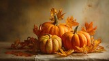 Three vibrant autumn pumpkins rest among scattered dry maple leaves on a rustic linen surface with soft lighting