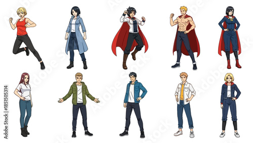 Diverse group of dynamic superheroes and everyday people in action