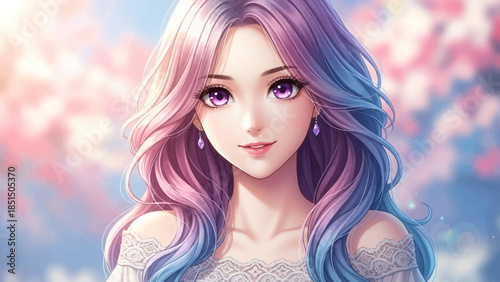 Vibrant anime girl with pastel hair and purple eyes smiling