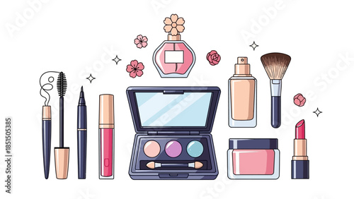 Vibrant makeup collection with perfume and brushes on white