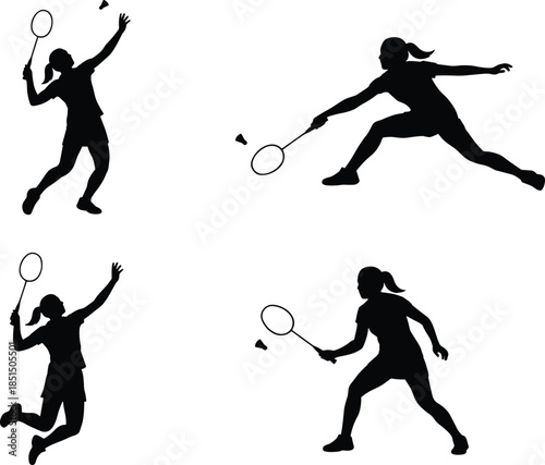Badminton players silhouette set, female athletes in action poses isolated on white background, sport vector illustration design for stock marketplace