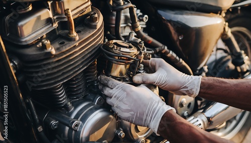 Close-up of male hands adjusting a motorcycle carburetor, fine mechanical tuning with visible metal parts, professional motorbike maintenance and engine performance optimization concept.
