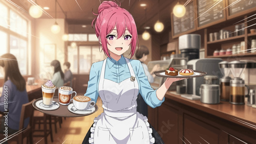 Friendly pink haired waitress serving coffee and desserts in cozy cafe