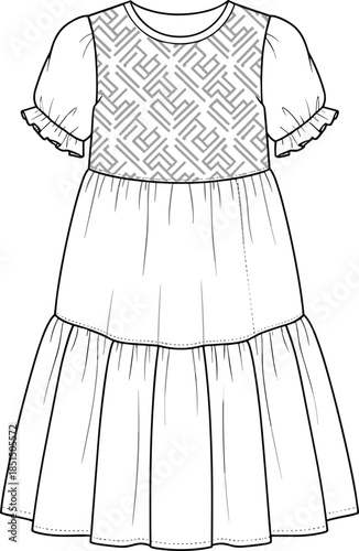 Women maxi dress cad flat vector illustration detailed fashion technical drawing puff sleeve layered skirt apparel design template garment outline