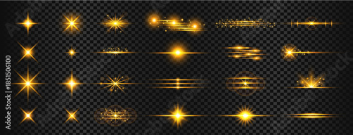 Golden light flares and sparkling lens effect set on dark transparent background