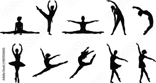 Ballet dancer silhouettes set featuring elegant poses, classical dance movements, artistic fitness illustration isolated on white background, with graceful motion
