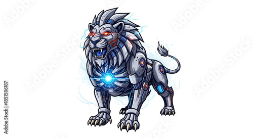 Cybernetic lion with glowing blue circuits and red eyes standing strong