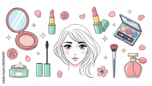 Beautiful woman surrounded by makeup products and flowers