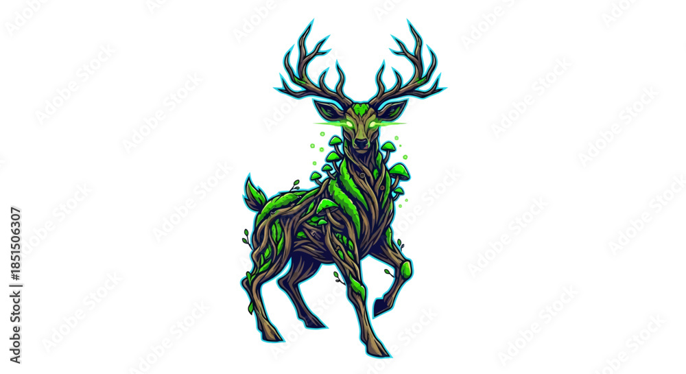 Fototapeta premium Vibrant mystical deer with glowing green markings and tree roots