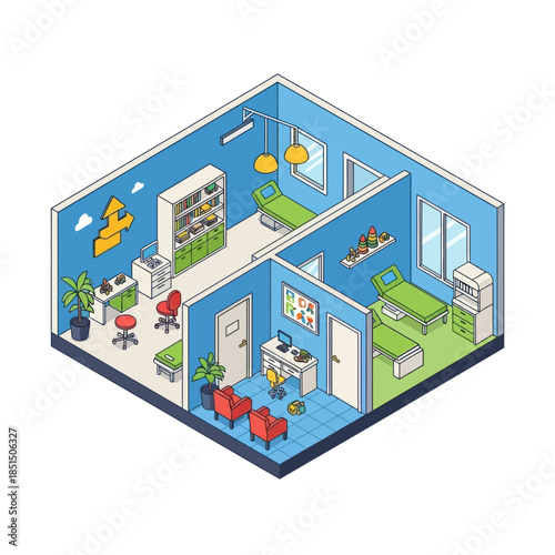 Detailed isometric illustration of a doctor's office with examination rooms, waiting area, and medical equipment.