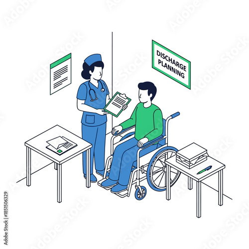Nurse discussing discharge planning with a male patient in a wheelchair in a hospital setting.