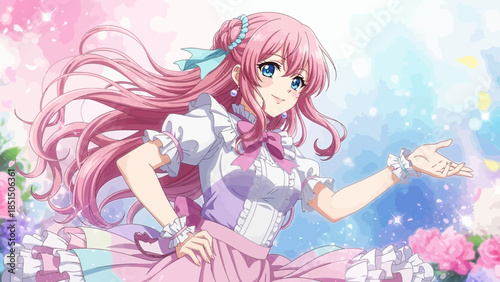 Vibrant anime girl with pink hair and flowers background