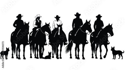 PrinBlack silhouettes of cowboys and cowgirls riding horses set, western ranch life group collection with dogs isolated on white background.t