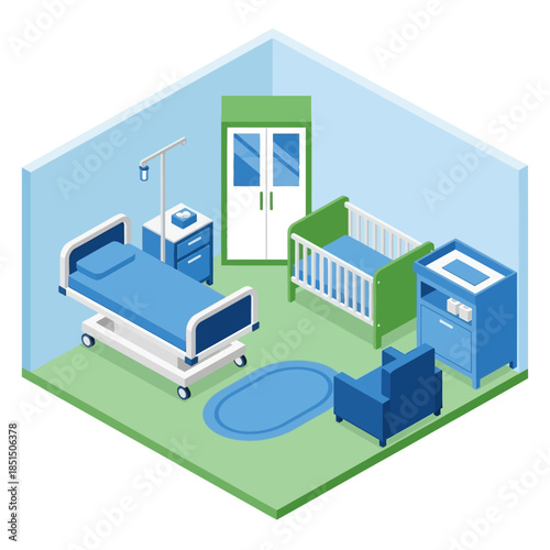 Isometric hospital room for mother and baby with bed, crib, and furniture.