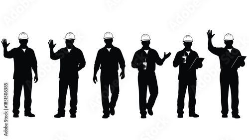 Black silhouettes of construction workers wearing hard hats, engineers and builders group collection, industrial labor isolated on white background set.