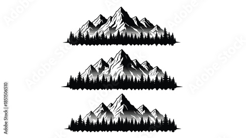 Black silhouettes of mountain peaks with forest pine trees, nature landscape collection of wilderness outdoors scenery isolated on white background.