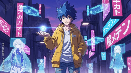 Young anime character with futuristic technology in neon city
