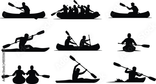 Canoeing and kayaking silhouettes set, people paddling boats in water sport activities isolated on white background, outdoor adventure vector illustration