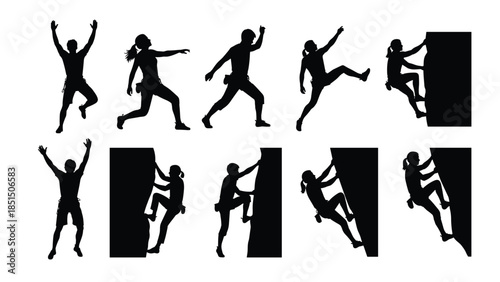 Black silhouettes of rock climbers in action poses, bouldering men and women group collection, extreme sport isolated on white background.