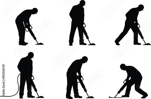 Construction worker silhouettes set, jackhammer drilling ground, road repair demolition work, heavy equipment labor, industrial maintenance vector illustration isolated background