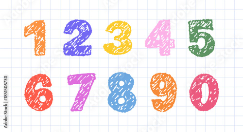 Bold and colorful crayon numbers. Party designs, classroom and education projects. Vector illustration.