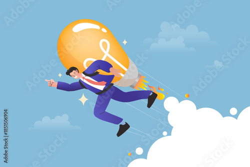 Businessman flying with lightbulb rocket jetpack representing creative innovation and startup launch. A concept of accelerating business growth, driving smart idea power, and future success.