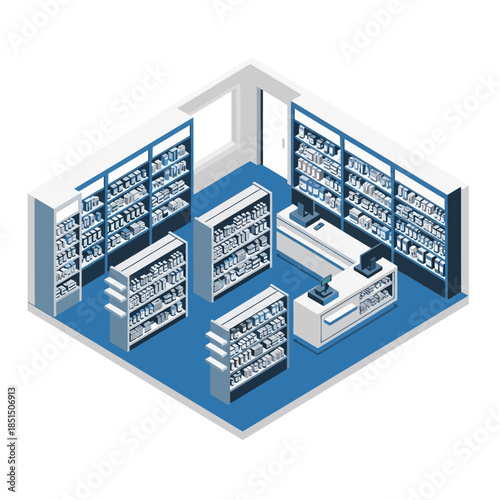 Isometric graphic illustration of a small pharmacy or convenience store interior with shelves, products, and cash registers.