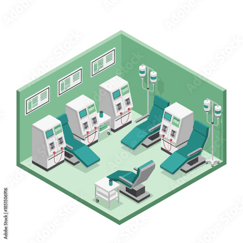 Isometric illustration of a medical room with multiple dialysis machines, recliners, and IV stands, depicting a healthcare facility.