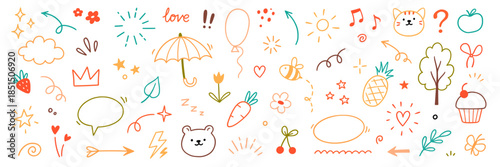 Cute kid element set. Hand drawn scribble heart, flower and cloud elements for a cute line simple kid background. Doodle drawn sketch heart, star, cloud cartoon sticker shapes. Vector illustration