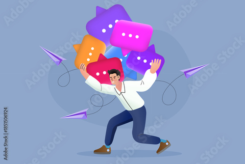 Stressed businessman carrying heavy pile of speech bubbles representing communication overload. A concept of social media noise, intense customer feedback pressure, and information burnout.