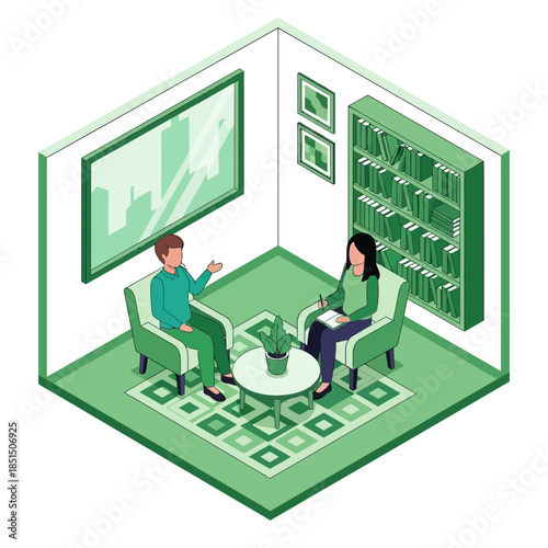 Isometric illustration of a therapy or counseling session with two people talking in a green room.