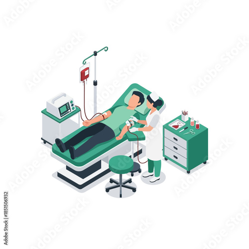 Isometric illustration of a nurse assisting a patient during a blood transfusion or donation procedure in a medical setting.