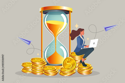Time is money business concept. Businesswoman working on laptop while sitting on gold coin stack next to giant hourglass sandglass. Vector illustration for deadline, productivity and investment.