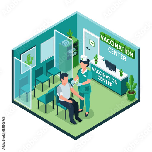 Nurse administering vaccine to a man in an isometric vaccination center with waiting area.