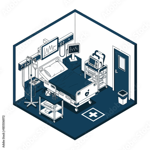 Isometric illustration of a modern intensive care unit hospital room with various medical equipment and monitors.