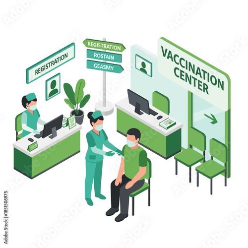 Isometric illustration of a vaccination center with a patient receiving a vaccine and a nurse at registration.
