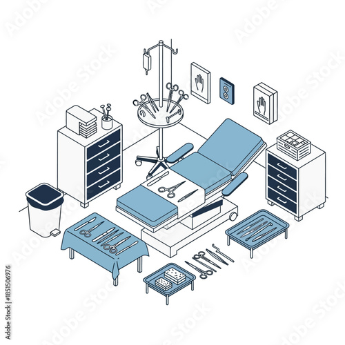 Isometric illustration of a medical operating room with surgical instruments and equipment.