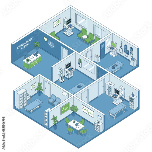 Isometric illustration of a modern cardiology clinic floor plan with reception, waiting areas, and examination rooms.