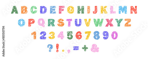 English alphabet crayon. Colorful and bold typescript font. Hand drawn pencil letters and numbers. Vector illustration.