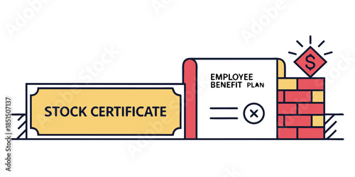 Conceptual illustration showing stock certificate and employee benefit plan leading to financial security building blocks