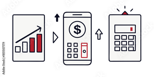 Financial technology icons showing process flow from data analysis to mobile transaction and final calculation